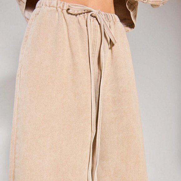 Khaki Casual Women's Tie Waist Wide Leg Washed Denim Trousers pants - Picture 6 of 6